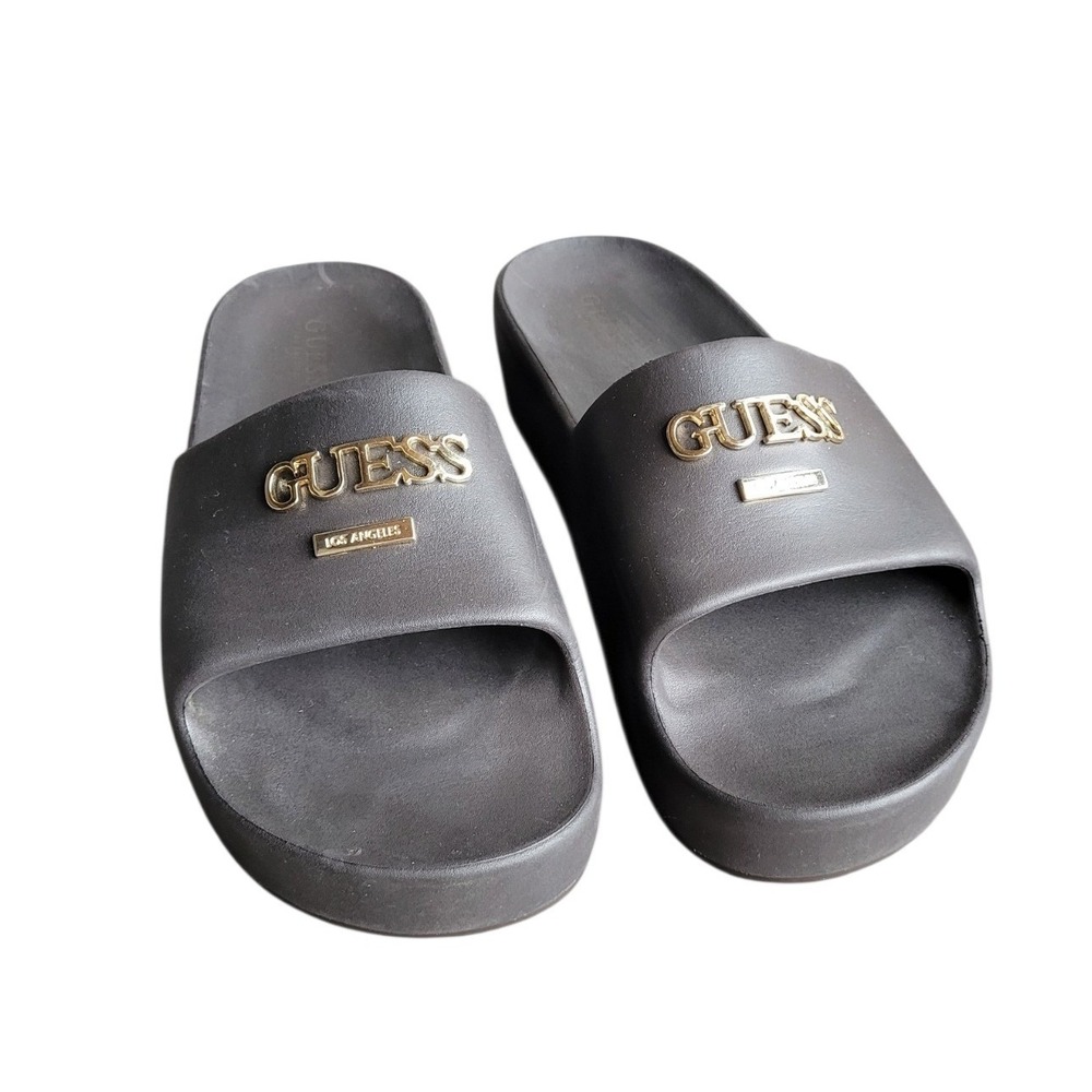 GUESS 11M Dark Espresso Logo Molded Chunky Platform Slide Pool Sandals